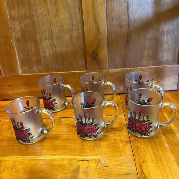 Pasari Frosted Pressed Glass Red Rose Hand Painted Mugs Set of 6 - Picture 2 of 7